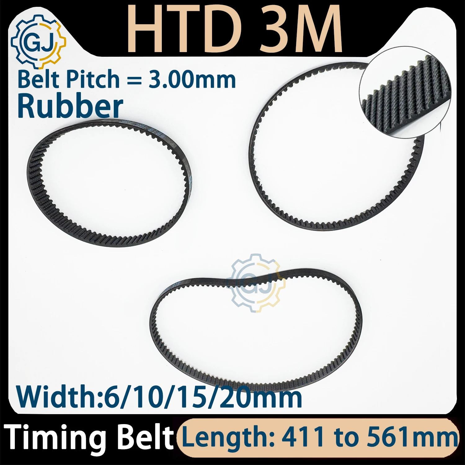 HTD 3M Timing Belt Length 411mm to 561mm Belt Width 6/10/15/20mm Synchronous Belt Closed Loop Rubber Belt HTD3M Synchronous Belt