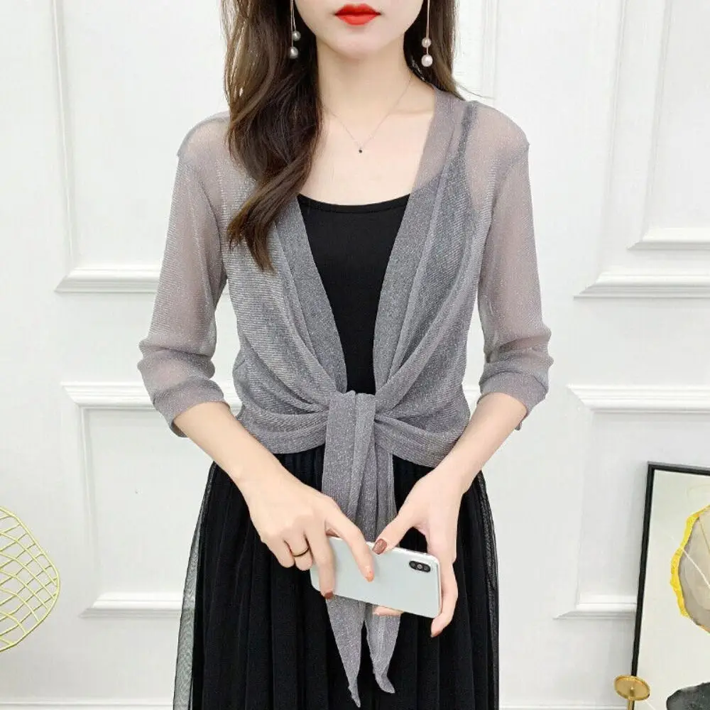 

Simple Summer Women's Cardigan High Quality Polyester Air-Conditioning Shirt One Size Tulle Mesh Shawl Short Cardigan