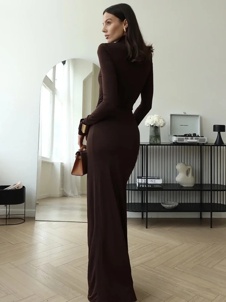 Turtleneck Thigh High Split Sexy Maxi Dress For Women Fashion Long Sleeve  Draped Bandage Bodycon Club Long Dress - AliExpress 200000345