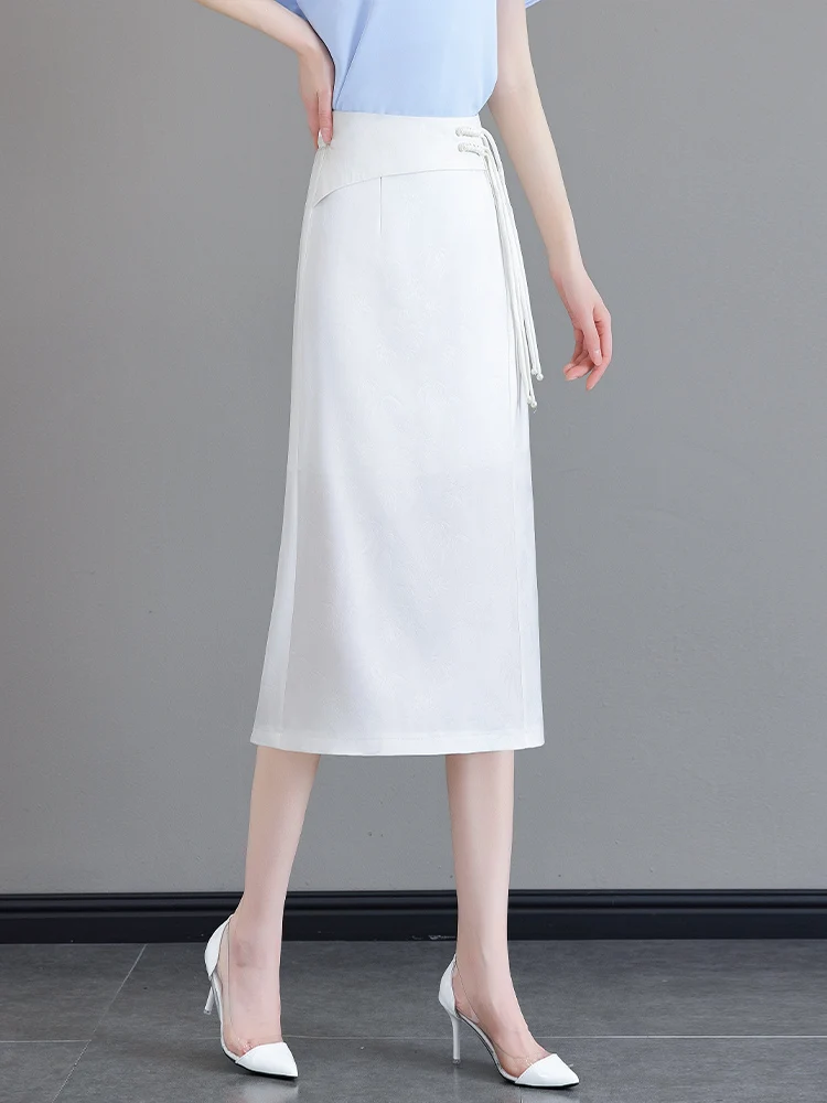 

Новая китайская тонкая летняя юбка-миди с высокой талией и асимметричным подолом с цветочной вышивкой для женщин, облегающая юбка