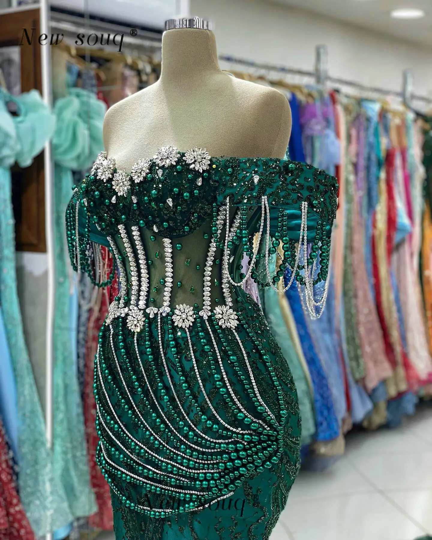 Formal Green Crystals Off the Shoulder Evening Dresses for Women Wedding Party Pearls Long Corset Sequined Night Party Gowns