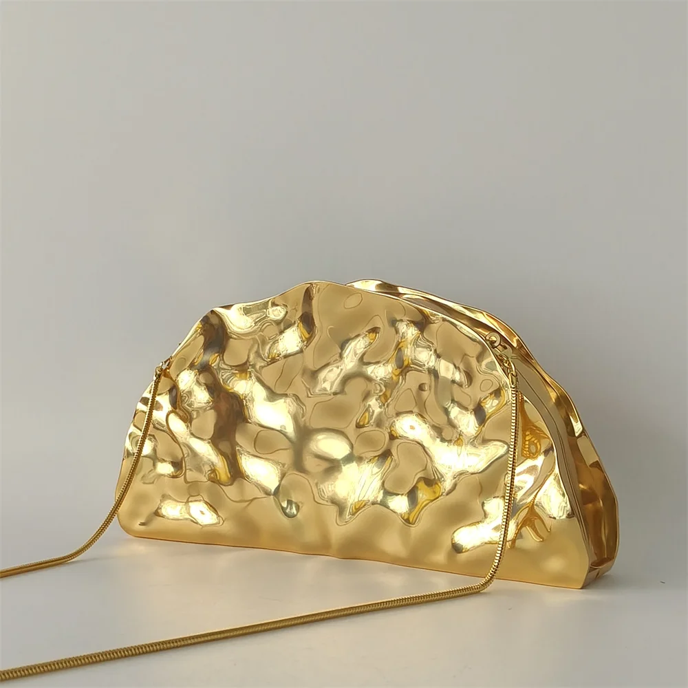 

Pro Brand Half Room Metal Fan Shell Clutch Purse Women New Gold Color Evening Wedding Party Luxury Handbag Snake Strap Lady Bag