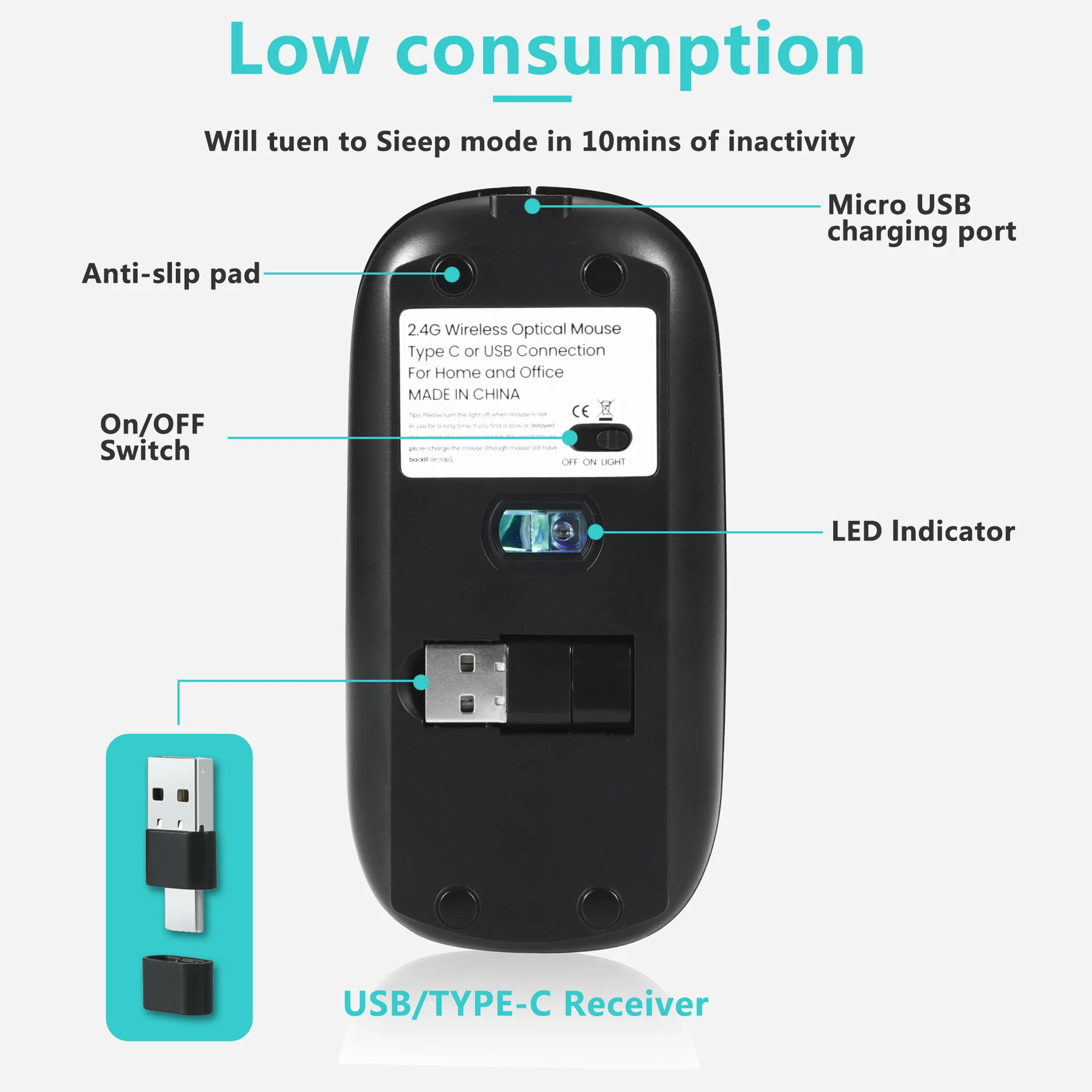 2.4G Charging Wireless Mouse Dual Interface (USB and Type C) 3 Adjustable DPI for Computers, Laptops, PC, Notebook black silver.