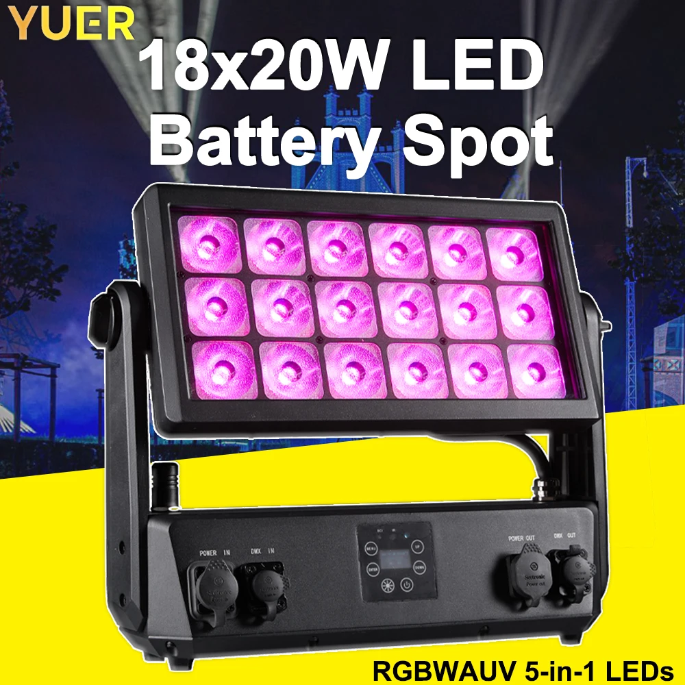 18X20W Battery Powered LED Flood Light 360W RGBWAUV Waterproof DMX512 with OLED Touch Screen Wireless Control for Outdoor Event