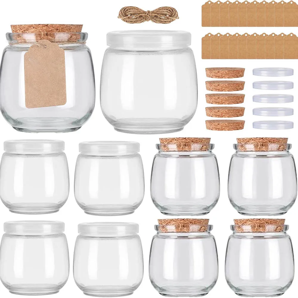 Frascos de yogur de vidrio de 7oz con tapas de corcho y tapas de PE, tarros de pudín, tarros de velas, envases pequeños para mermelada, miel, pastel, especias, regalo DIY