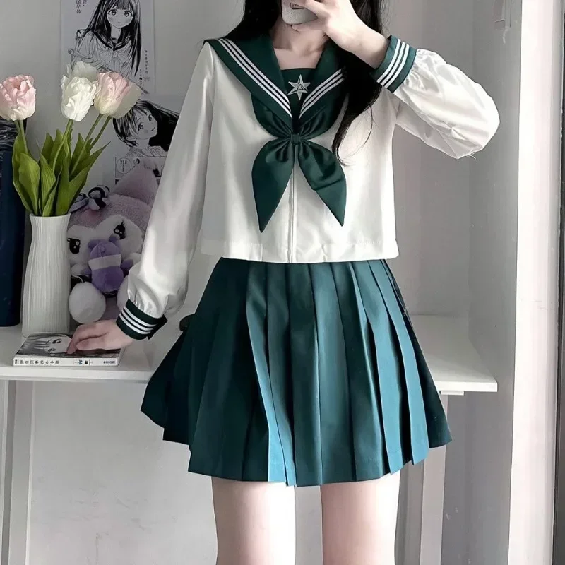 Nuovo abito uniforme scolastica giapponese marinaio JK Basic Cartoon Girl Navy marinaio uniforme set verde costume blu scuro costume da donna ragazza