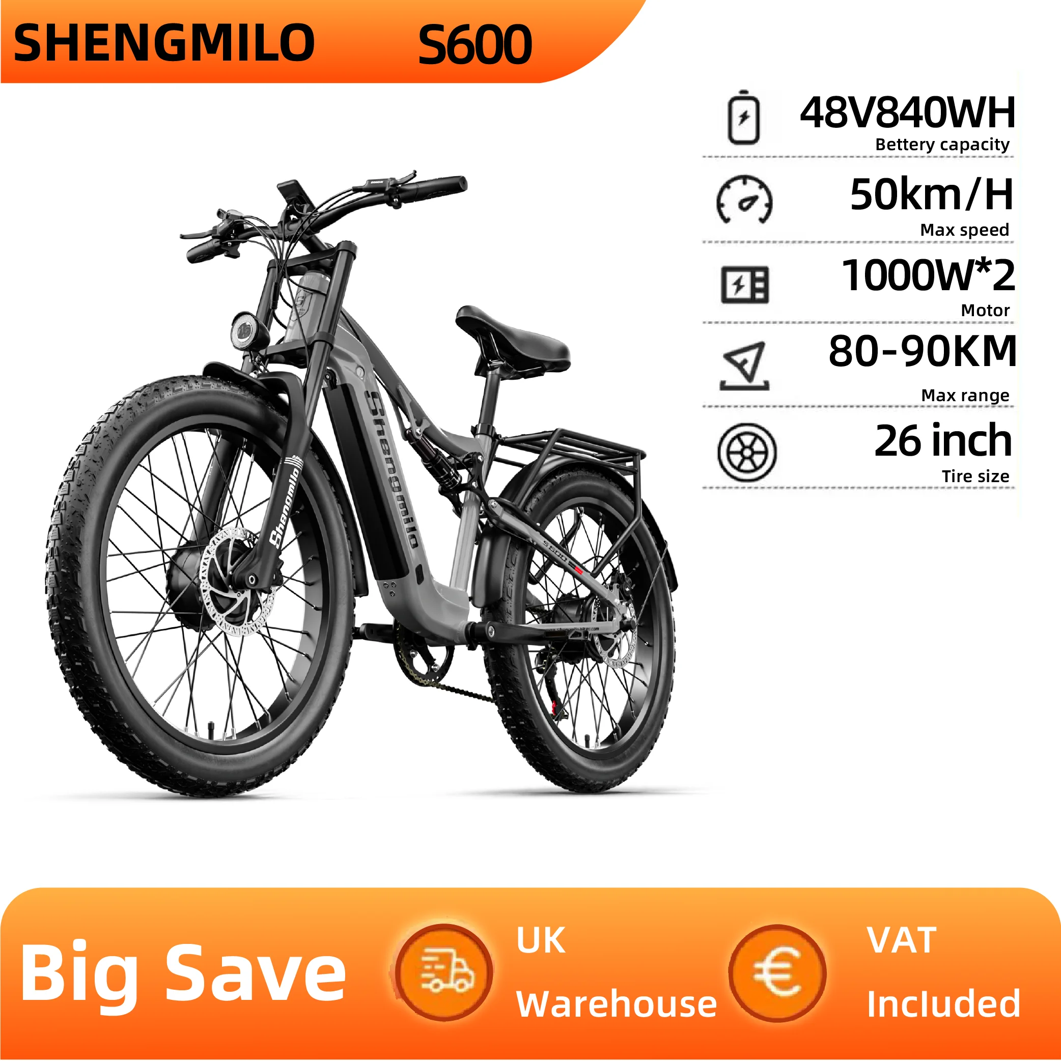 Shengmilo S600 Adult 2000W Electric Bicycle Men's E-Mountain ebike with Two Motor, 48V840WH Battery,26" Fat Tire Electric Bike