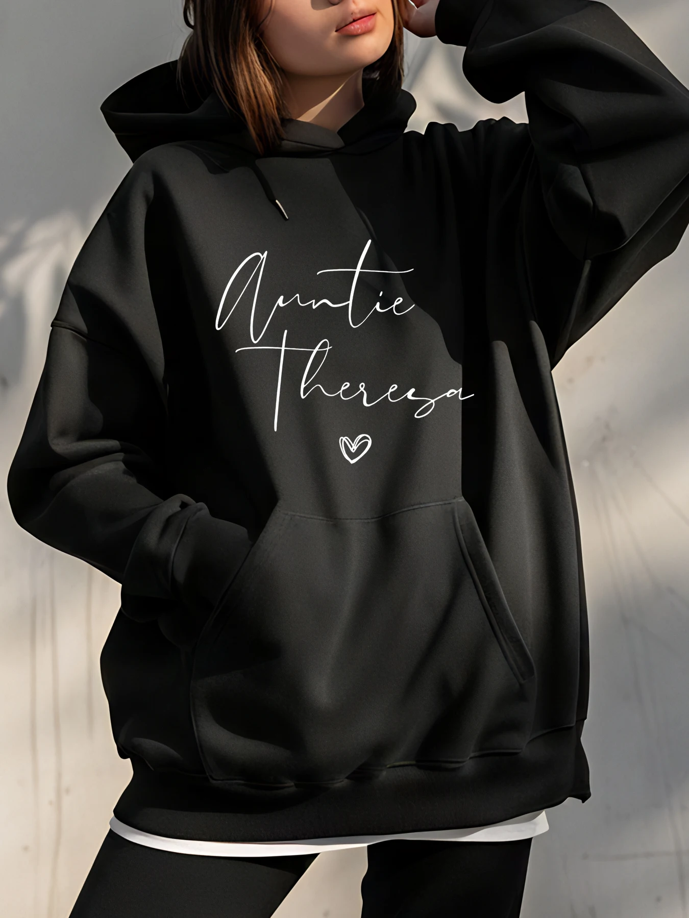 Hoodie Wanita Motif Hati Auntie Theresa, Streetwear Kasual, Sweatshirt Oversize, Pakaian Fashion Pullover