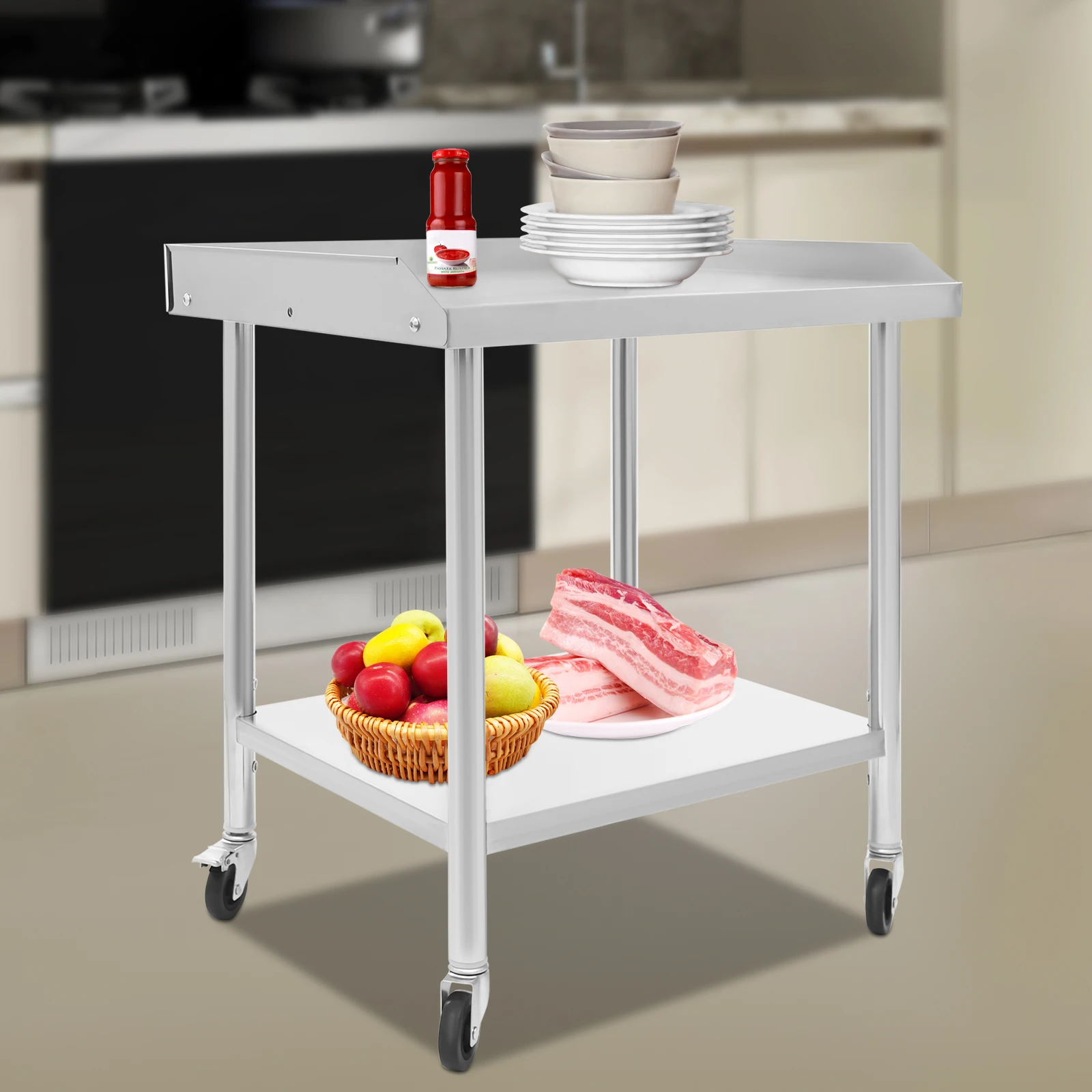 Table de travail à 2 niveaux en acier inoxydable 60x60x76cm, Table de préparation commerciale avec roulettes pour couper les légumes, couper la viande
