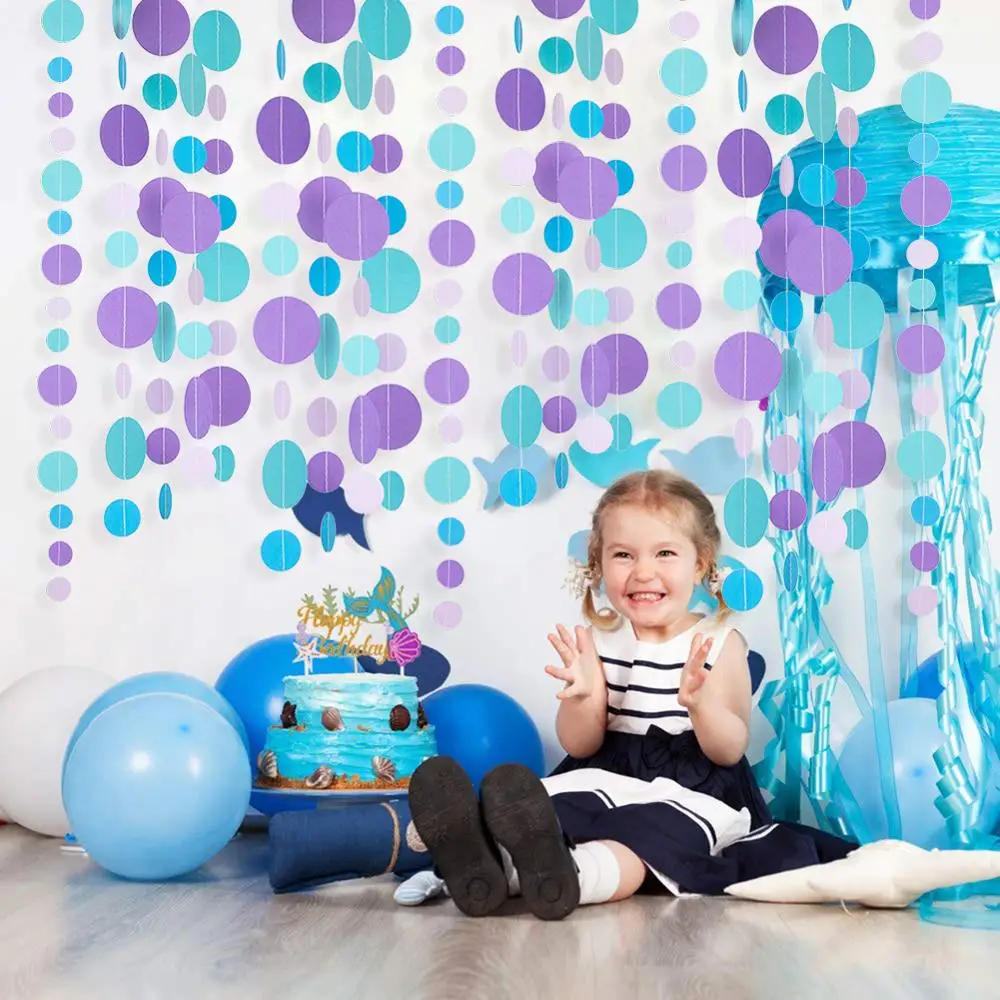 Guirnalda colgante de papel con borlas de lunares, pancartas de sirena, azul y púrpura, decoraciones para fiesta de cumpleaños de niñas, bajo el mar