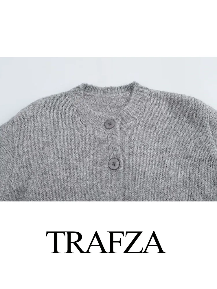TRAFZA Woman Single Breasted O-Neck Warm Slim Sweater Top Autumn Fashion Women Grey Long Sleeves Knitted Short Cardigan Mujer