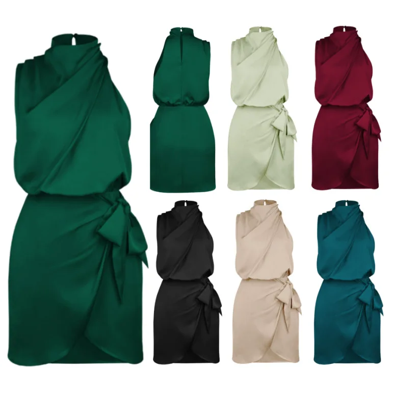 Ele Satin Wrap Dr Faionable Ne Hanging High Waist ort Skirt for Women Svel Zipper Closure High Collar Gown