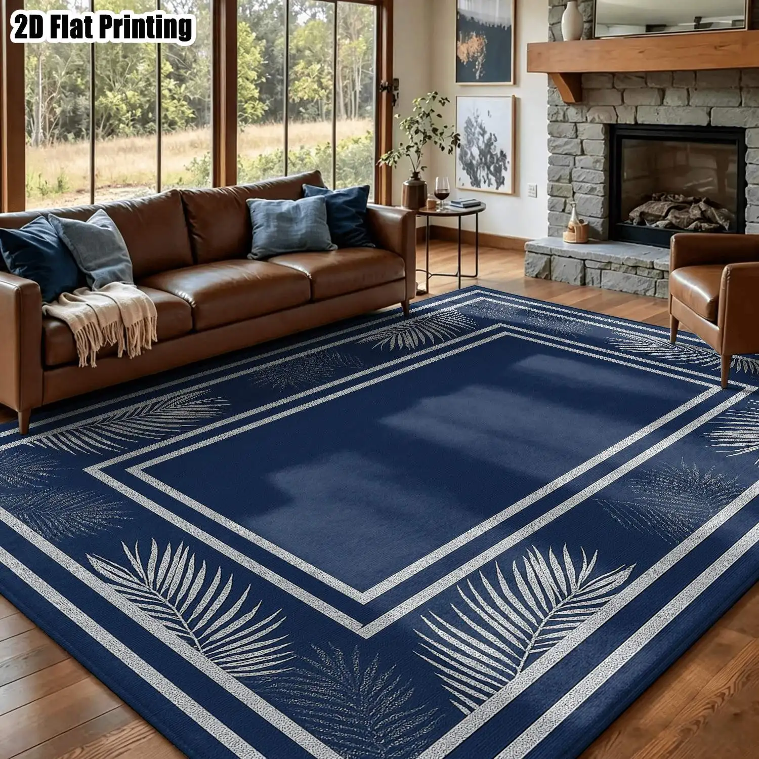 1Pc 2D Printed Carpet: Deep Blue White Palm Leaf Pattern, Nordic/Instagram/Modern Minimalist/European/Vintage Style, Home Decor, Multi-Size, Machine Washable, for Entrance, Dining Room, Foyer, Living Room, Bedroom