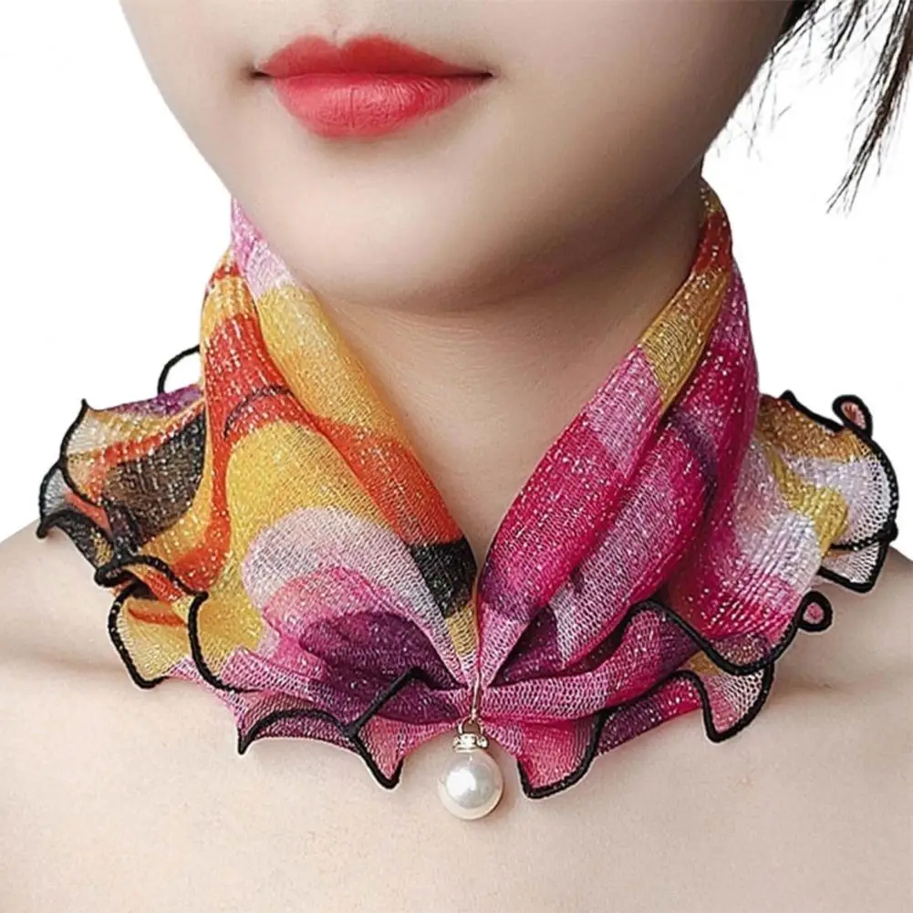 Elegant Women Scarf Painting Print Imitation Pearl Durable Ruffle Edge Lady Headscarf Banquet Neck Wrap Scarf