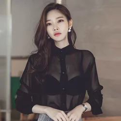 Sexy See-through Women Blouse Tops 2026New Spring Summer Thin Single Breasted Black Chiffon Shirts For Ladies Long Sleeve Blusas