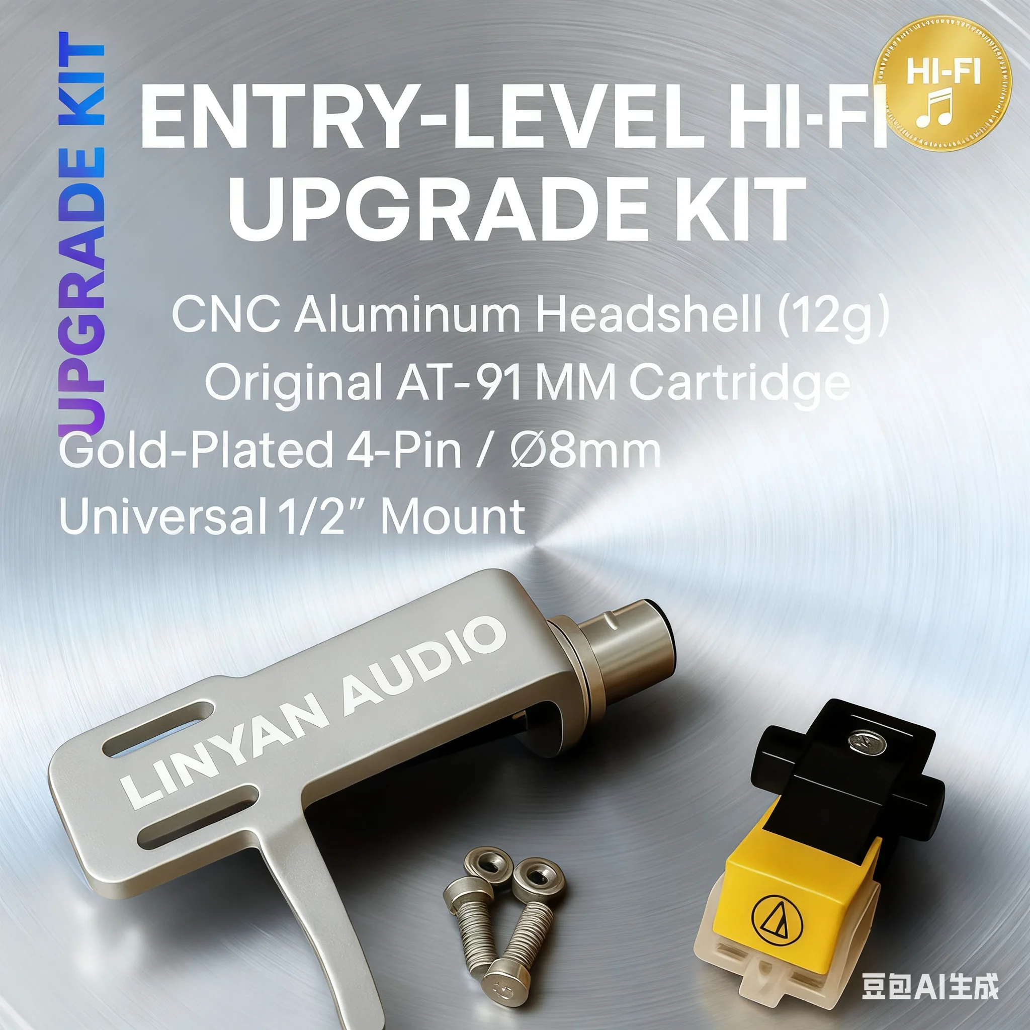 

Silver Aluminum Headshell with AT-91 MM Cartridge Universal 4Pin 8mm Plug Entry Level HiFi Upgrade Warm Balanced Sound Easy DIY