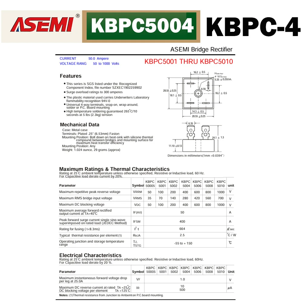KBPC5004 Brückengleichrichterdiode 50A 400V ASEMI – Detail 4