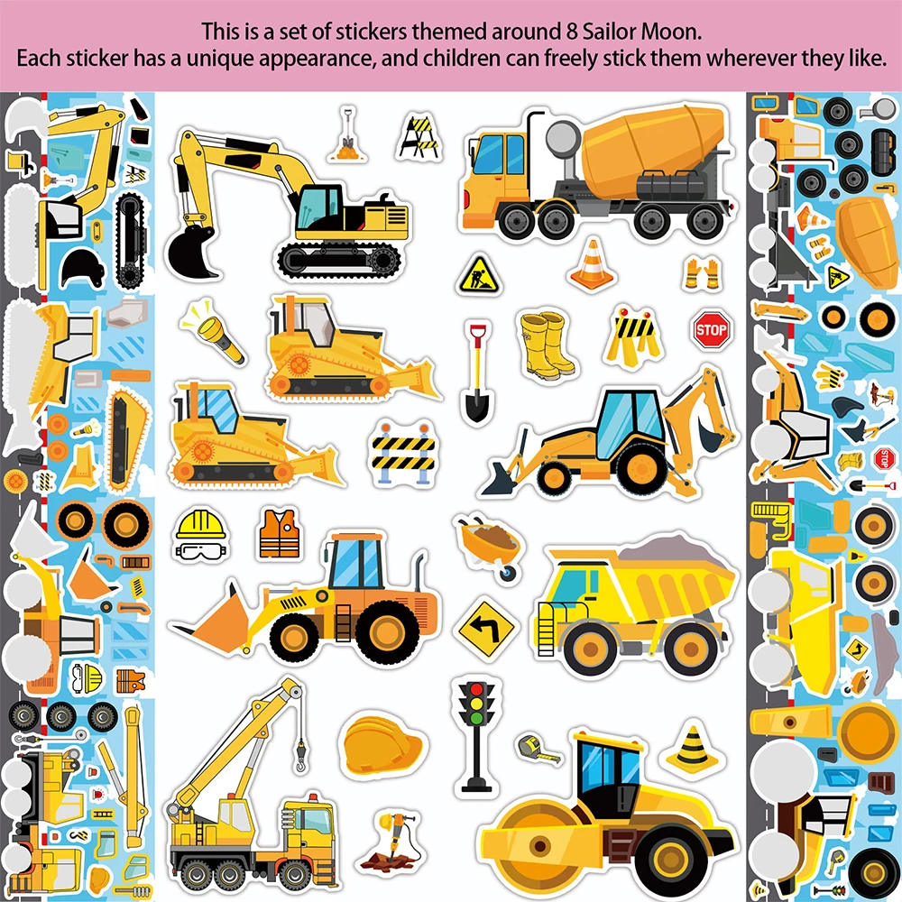 8/16 시트 엔지니어링 차량 퍼즐 스티커 트럭 얼굴 만들기 어린이 DIY 조립 퍼즐 데칼 재미 있은 장난감 파티 게임 선물