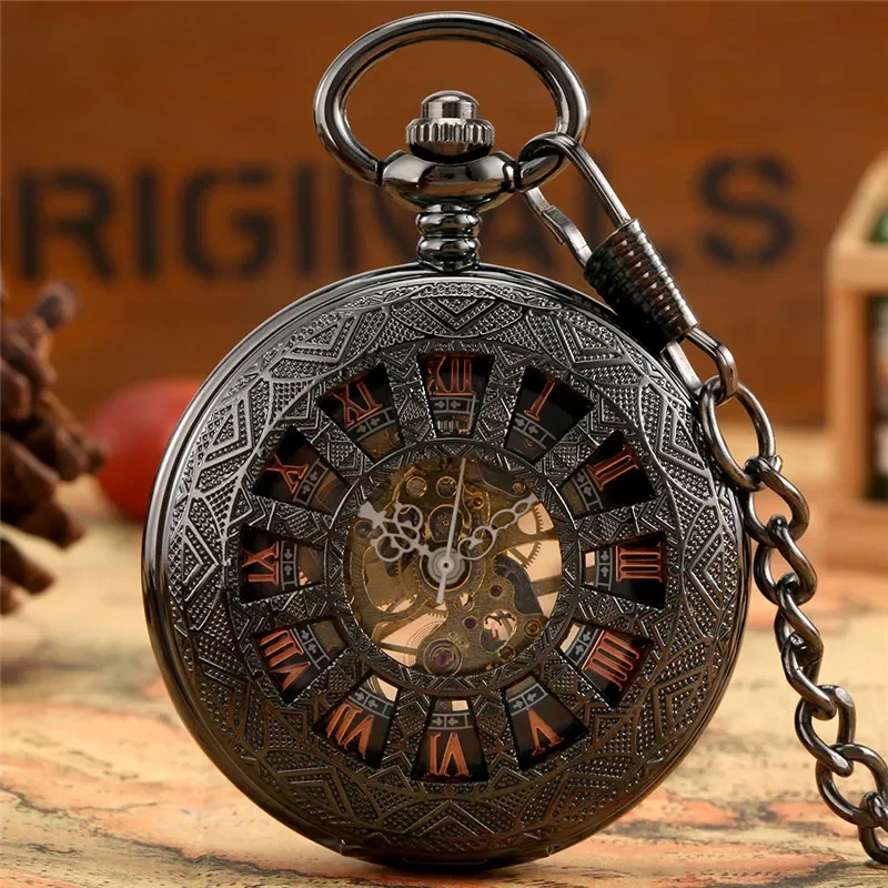 

Steampunk Hollow Out Case Mens Black Mechanical Pocket Watch Handwinding Skeleton Clock with Roman Number Dial Pendant Chain