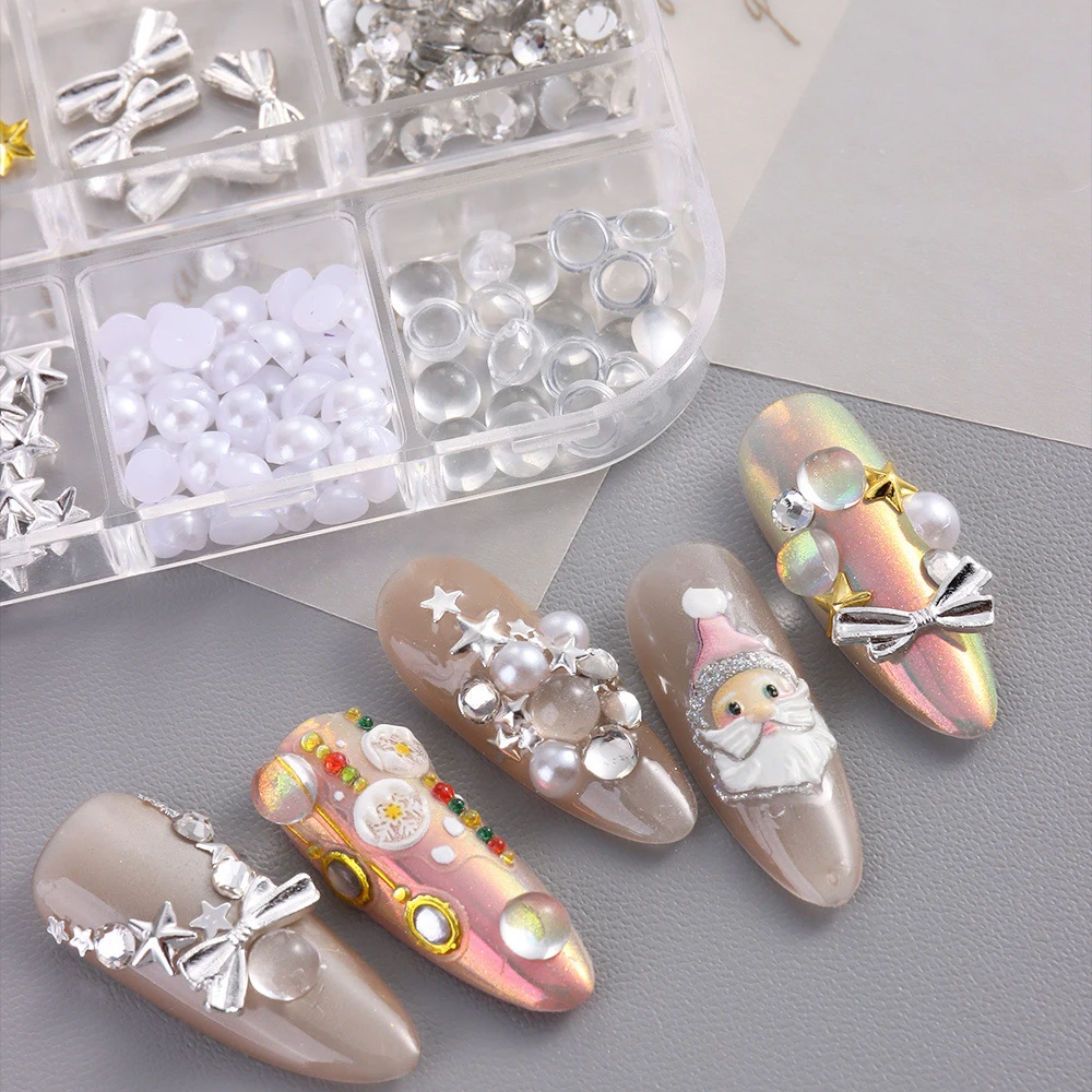 6 شبكات مختلط اللؤلؤ الراين Bowknot مسمار الأحجار الكريمة الديكور Y2K الجوف ستار لامع مسمار السحر الفاخرة ستار مانيكير مجوهرات