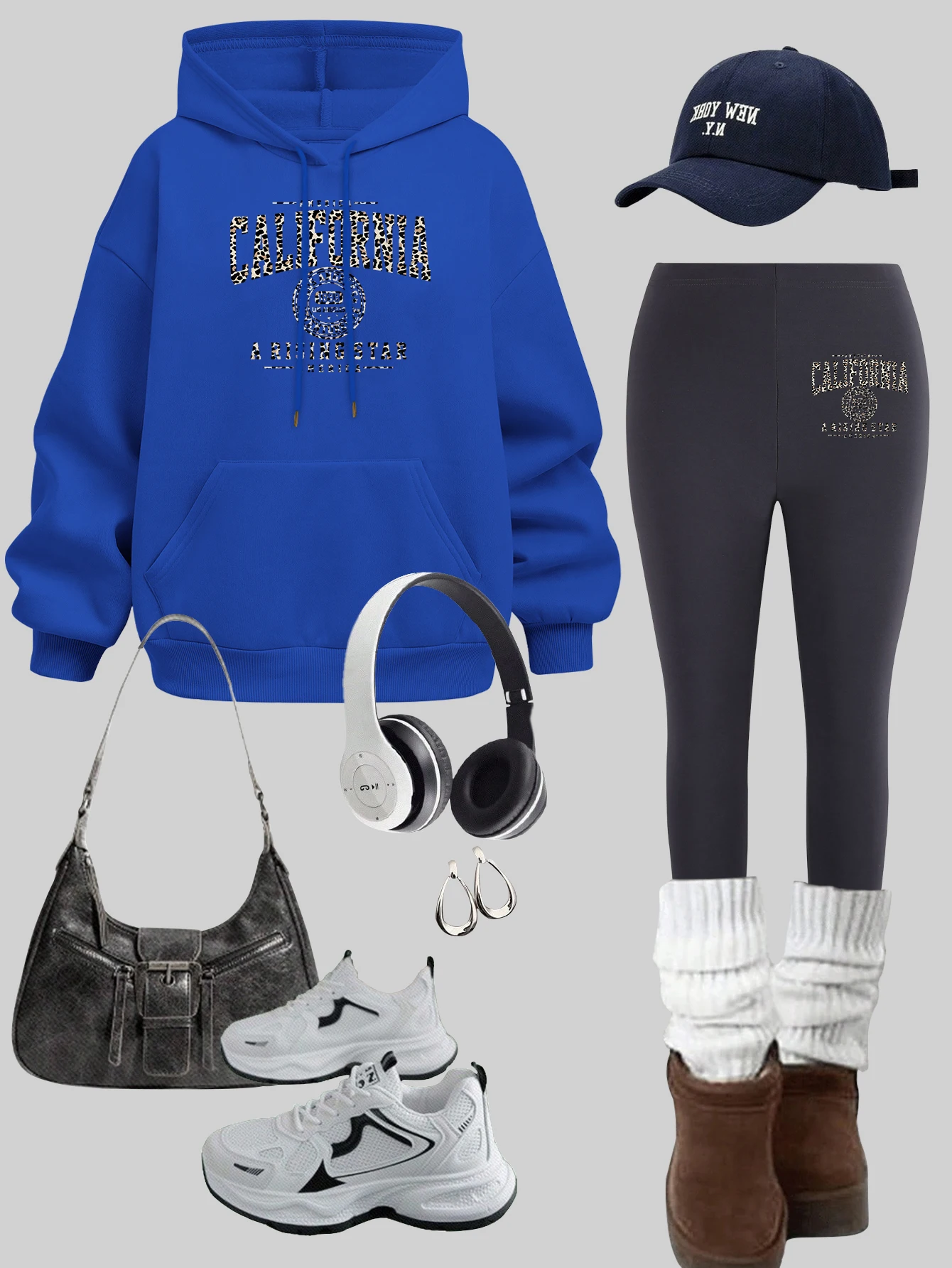 

California A Rising Star Pattern Hoodies Set Women Pocket All-Match Pullovers elasticity Autumn Leggings Sets Thicken Loose pant