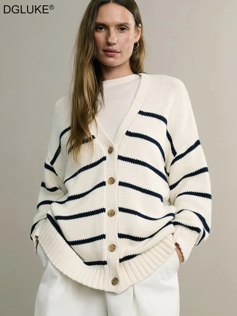 

DGLUKE Striped Knit Cardigans For Women V-Neck Button Up Cardigan Sweater Fall Winter Loose Casual Cotton Sweater Coat