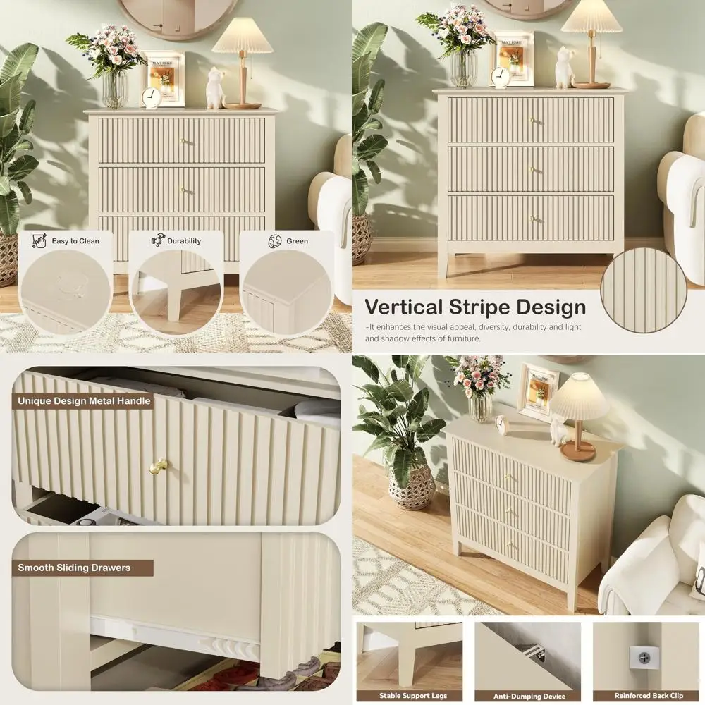 Modern 3-Drawer Fluted Storage Chest for Bedroom, Painted Wood Dresser with Green Organizers for Hallway and Entryway