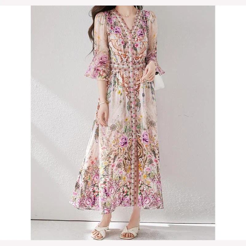 

Woman V-neck Flared Sleeve High Waisted Printed Invisible Zipper A-Line Dress Fashionable Commuting New Style Dress