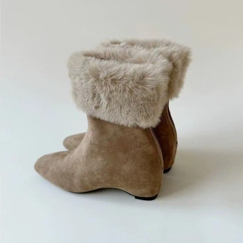 Women Suede Sheepskin Wedge Ankle Boots 2.5CM Real Rabbit Fur Two‑Way Wear Winter Warm Short Boots Black Brown Footwear - view 2