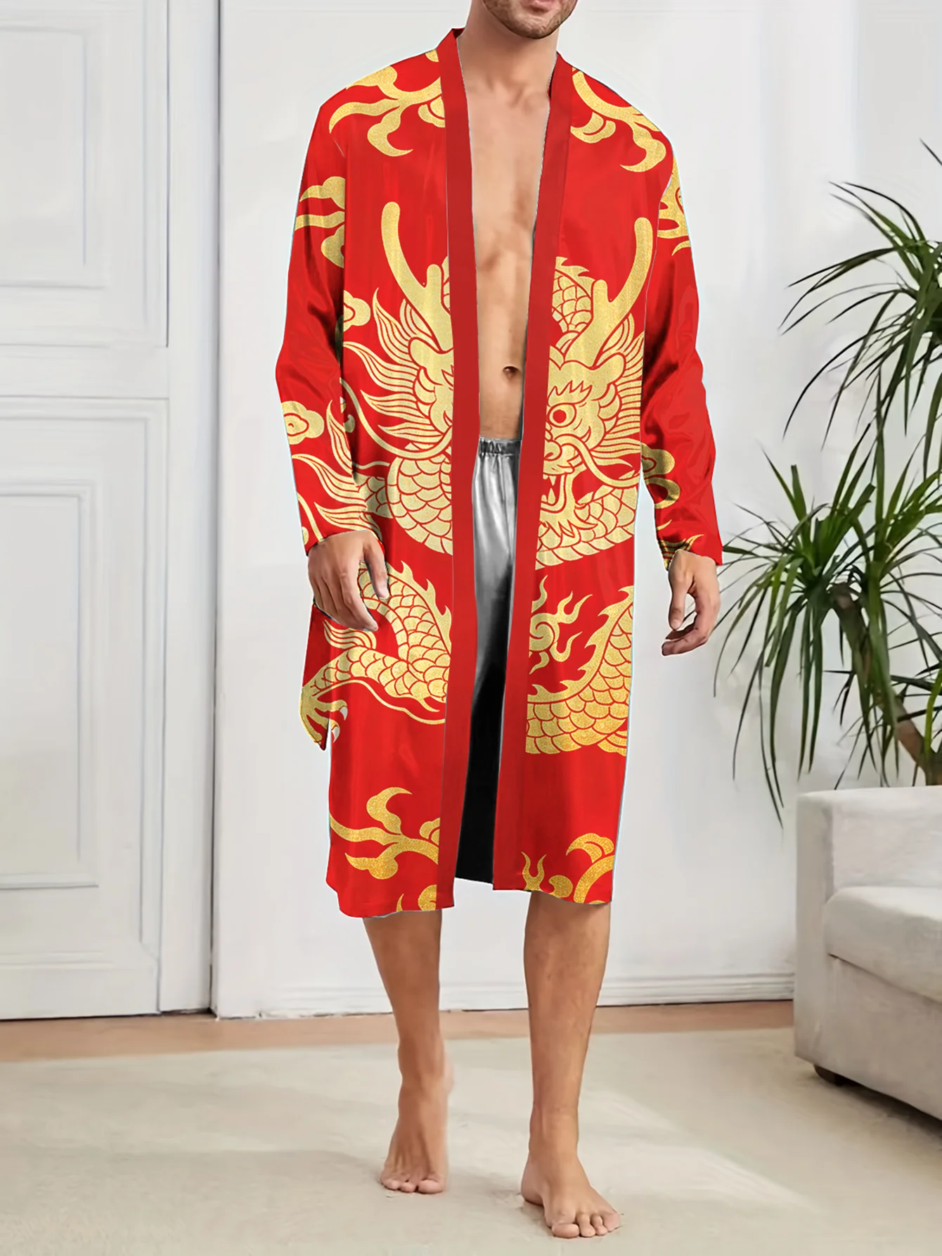 Men's trendy Bathrobe men, Spring and Autumn quick drying digital printed casual comfortable long Shower robe pajamas.