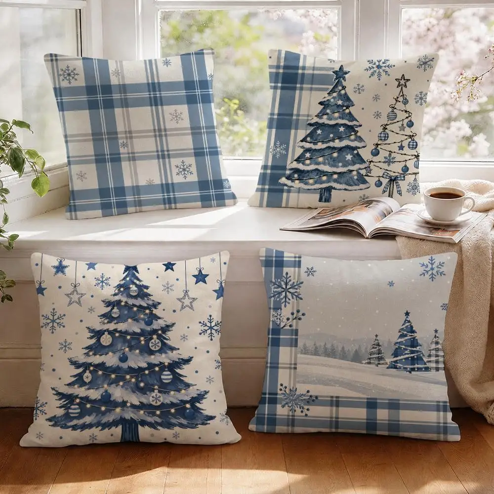 Blue Christmas Wall Art Cushion Cover 1/4Pcs Linen Throw Pillow Covers Double-Side Print Sofa Couch Living Room Decor
