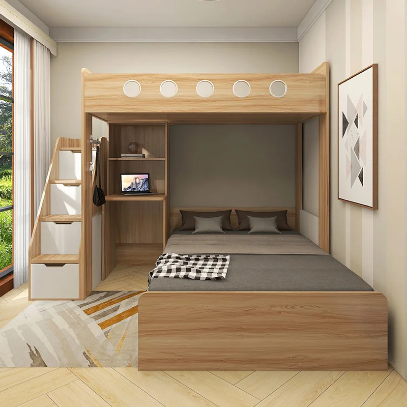 Small apartment on the bed and under the table, staggered double-layer wardrobe bookshelf + combined bed, multi-functional
