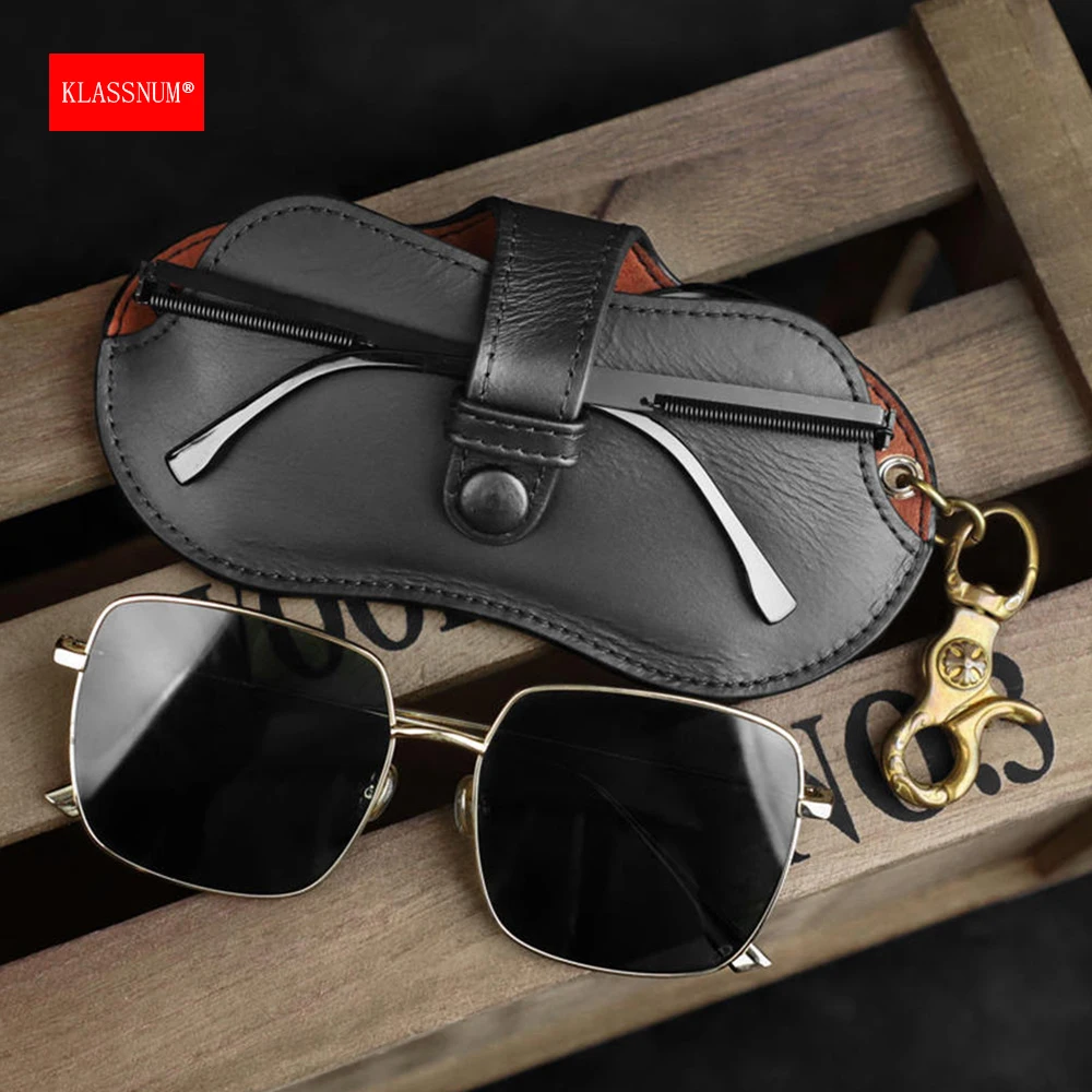 KLASSNUM Portable Vintage Glasses Case Men PU Leather Glasses Bag With Keychain Hook Women Sunglasses Pouch Protective Cover New