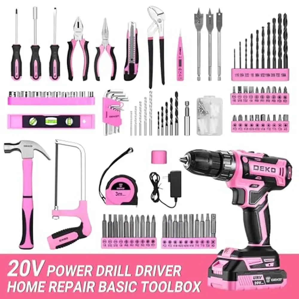 20V Cordless Electric Drill Power Tool Set with Battery and Accessories in Pink Toolbox Ideal Home Repair and DIY Projects