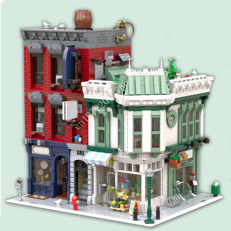 5749 Uds. Tienda de relojes esquina MOC vista de calle creativa modelo de bloques de construcción arquitectura DIY juguetes de modelos educativos de ensamblaje edades