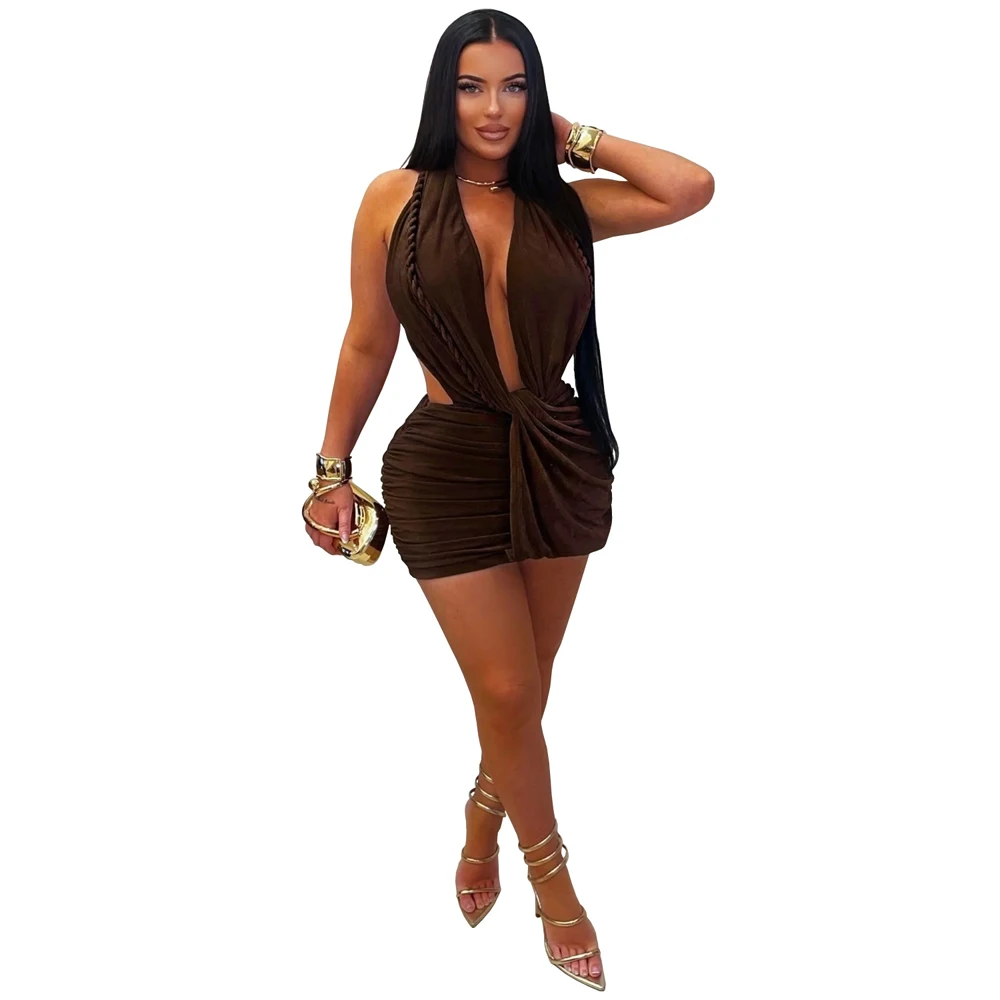 2026 Neues Damen Geflochtenes Wickelkleid mit Neckholder, Tiefem Ausschnitt und Rückenausschnitt, Sexy Geballtes Minikleid mit V-Ausschnitt für Geburtstag und Clubwear – Detail 6