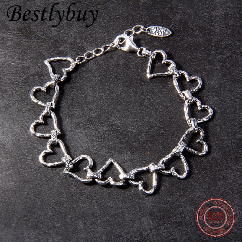 

S925 Чистый Серебряный Минималистичный Браслет Полый Сердце Для Женщин Ретро И Модный Подарок На День Святого Валентина Для Женщин