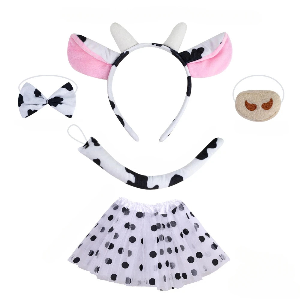 Ensemble de costumes de bétail de vache, bandeau d'oreille, queue, nœud papillon, gants de nez, jupe Tutu, déguisement d'halloween pour enfants de 4 à 10 ans, filles