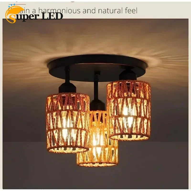 

Round 3 Heads Rattan Ceiling Lamp Replacement Pendant Sconce Ceiling Lights Covers Cylinder Woven Lampshade E27 Lighting Fixture