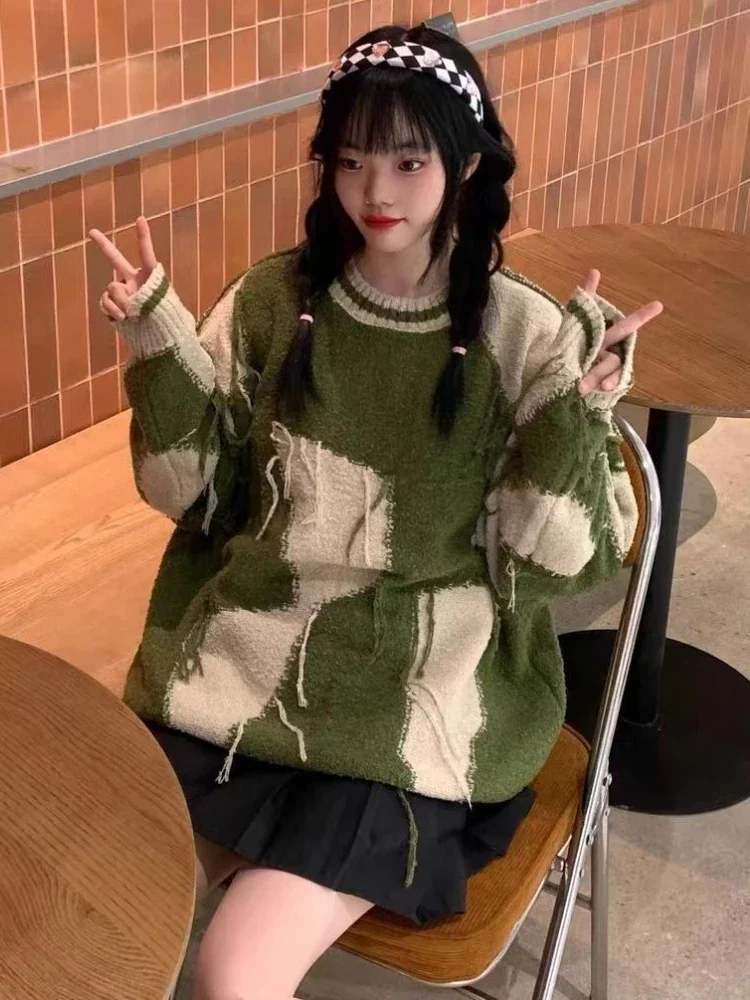

Толстые зимние новые вязаные пуловеры, женские лоскутные винтажные зеленые простые свободные студенческие уличные корейские стильные универсальные модные пуловеры