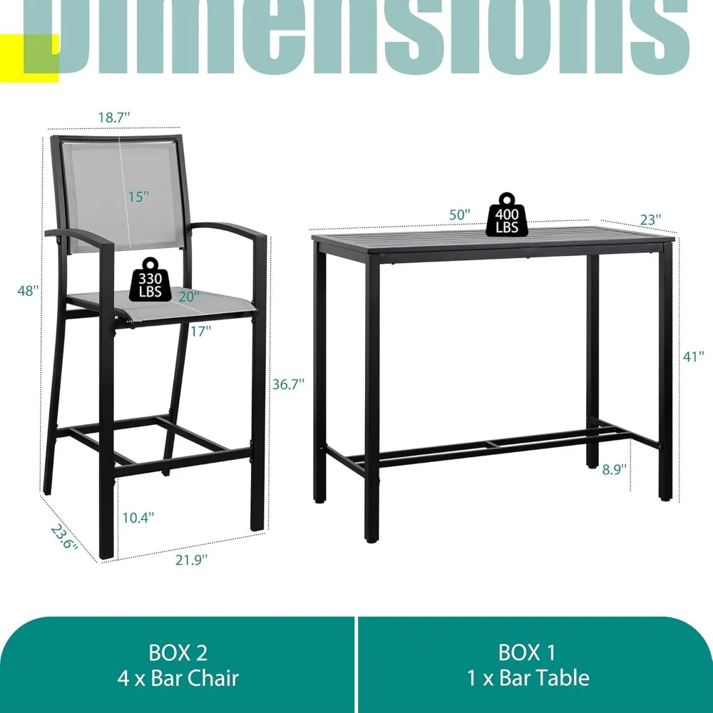 5 Piece Patio high Bar Set, All Weather Metal Textilene Patio Dining Set High Bar Stools Chair of 4 and High Bar Table