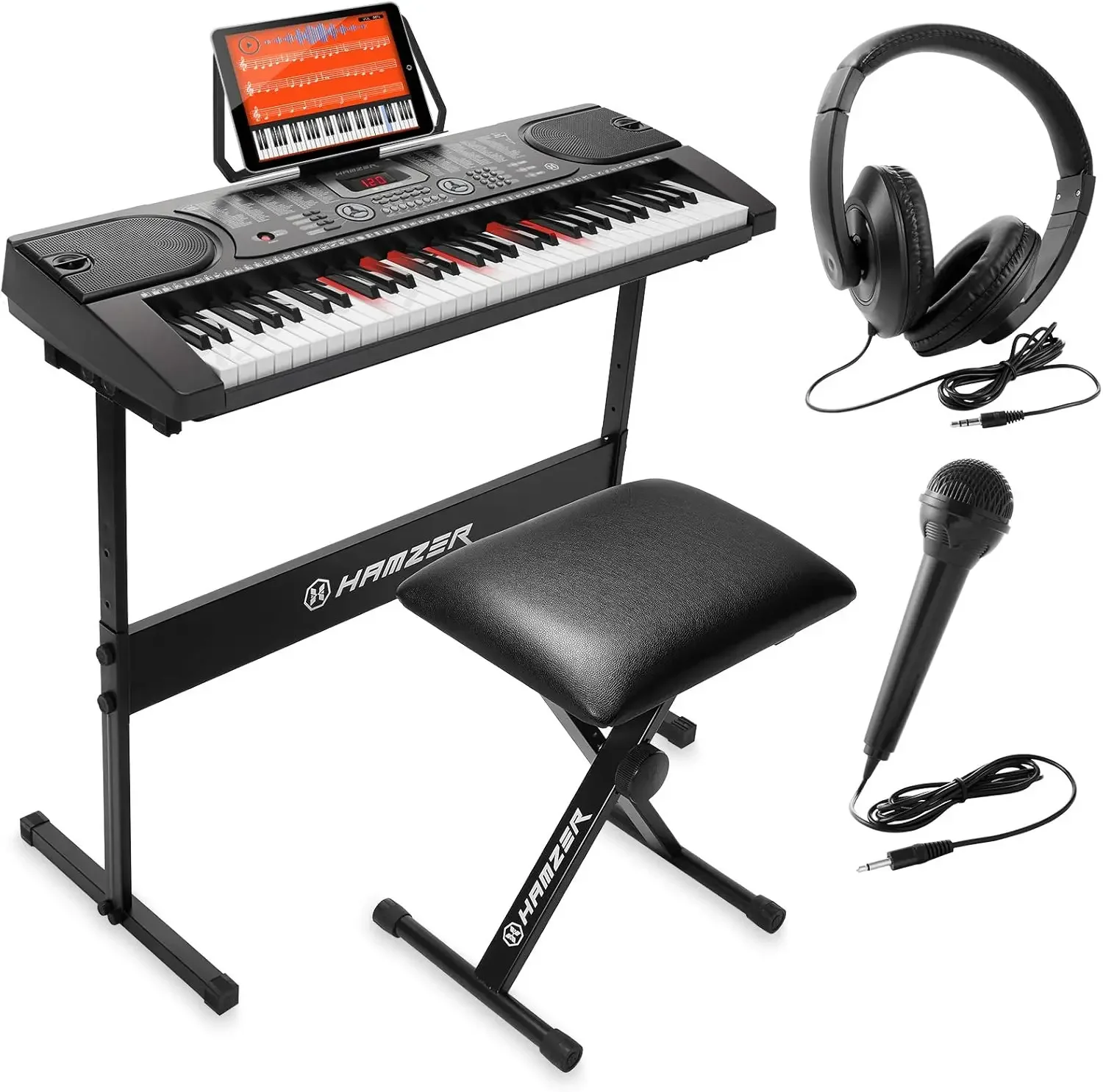 61 Key Keyboard Piano with Lighted Keys, Built-In Speakers, Stand, Bench, & Key Labels - Portable Electronic Musical Keyb