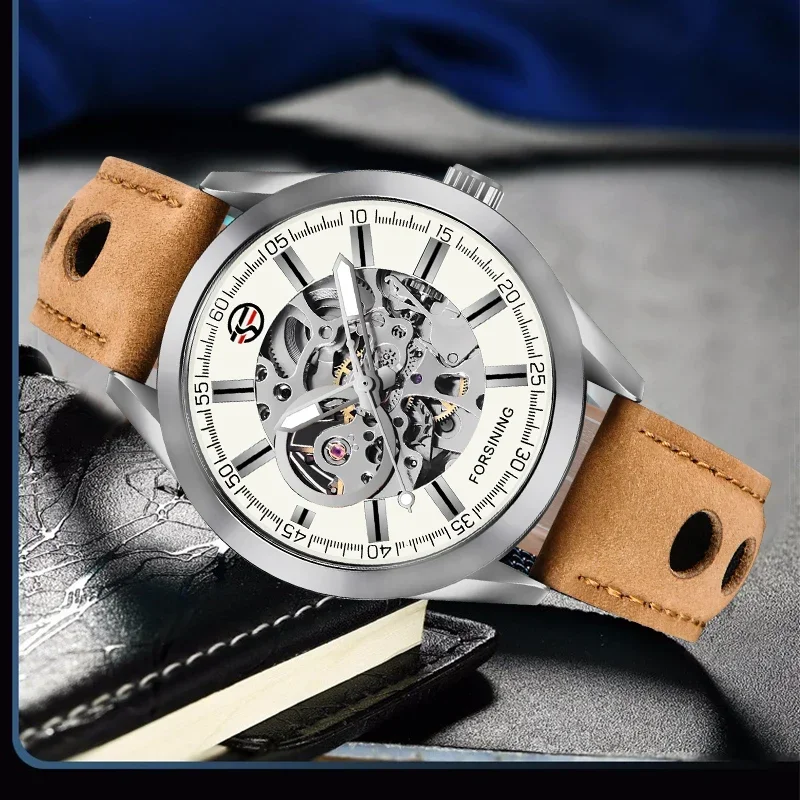 

Forsining синие твердые стеклянные коричневые натуральная кожа прозрачные ажурные мужские механические автоматические часы лучший бренд класса люкс