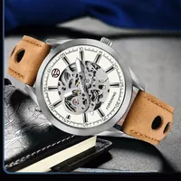 Forsining Blue Hardlex Glass Brown Genuine Leather Transparent Openwork Men Mechanical Automatic Watches Top Brand Luxury Clock