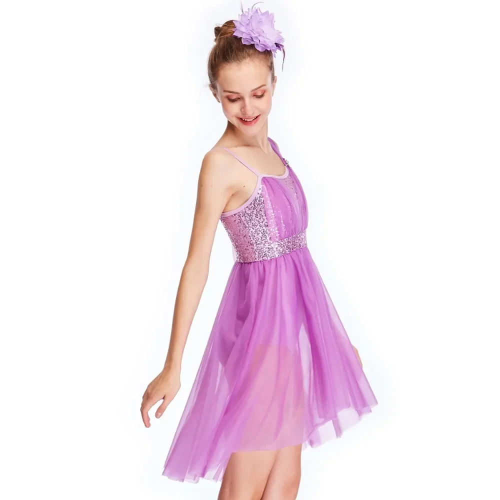 MiDee High-low Lyrical Dance Costumes Dresses  One Shoulder with Rhinestones Buckle Pleated Tulle Over Sequins Top Knee Length