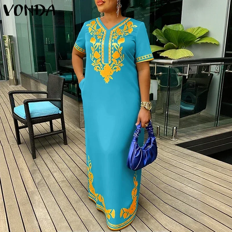 

Платье макси VONDA винтажное, размер 5XL, женское, сексуальное, с V-образным вырезом, коротким рукавом, повседневное, с принтом, модное, оверсайз, для вечеринок, длинное платье-роба