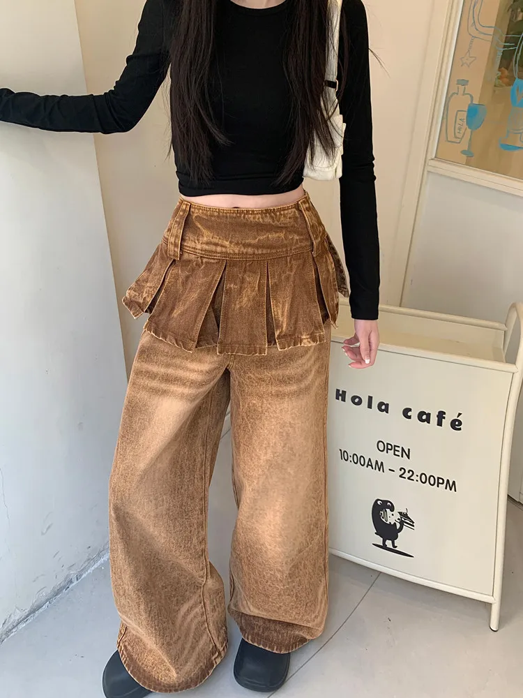 2026 Cyber Y2K Streetwear Vintage Braune Baggy Stacked Jeans für Damen – Weite Bein Denim-Hose Pantalon Femme – Detail 8