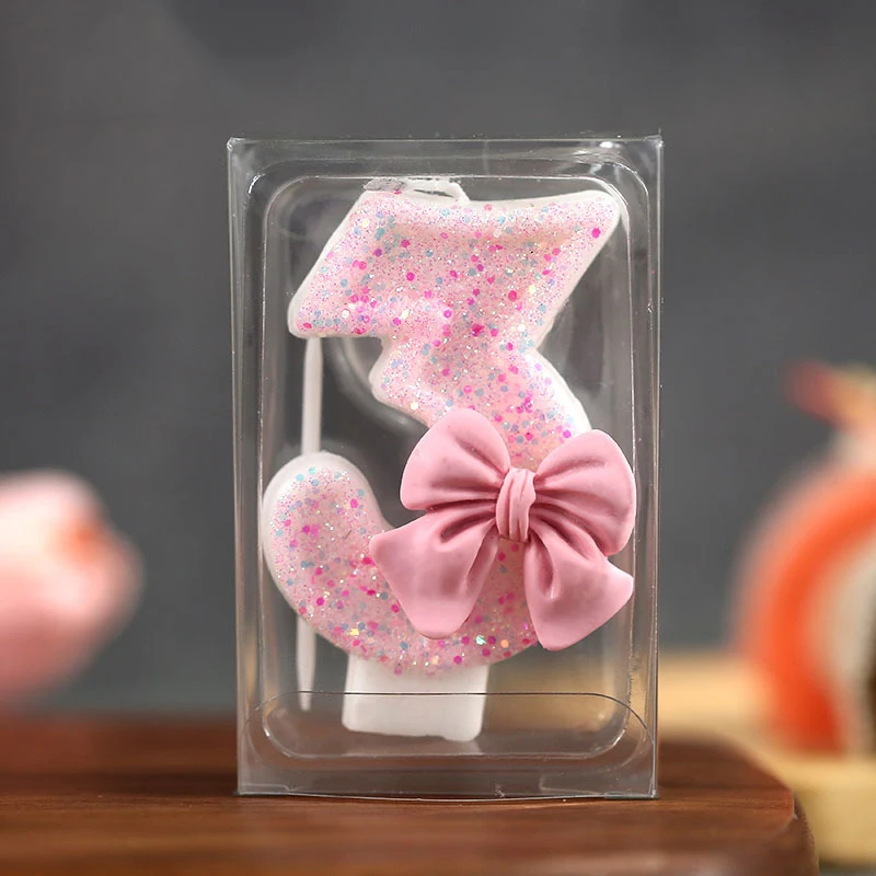 3D-Zahlen-Kuchendekorationskerzen, glitzernde rosa Schleife, digitale Kerzen, Kuchendekoration, Geburtstagsfeier, Erinnerungstag, Party, Kuchendekoration
