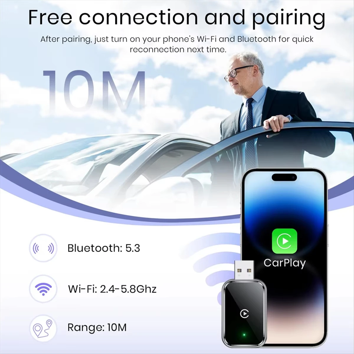 Wireless CarPlay Adapter for IPhone, Convert Wired to Wireless Mini Size USB & USB-C, No Delay -B12B Auto Adapter