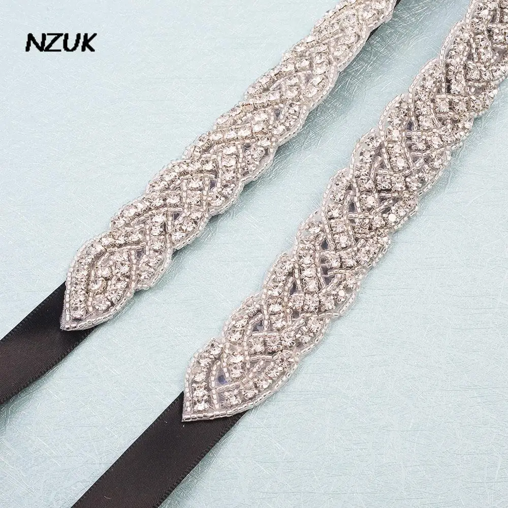 NZUK – ceintures de mariage perlées faites à la main, pour robes, strass argent, ruban noir